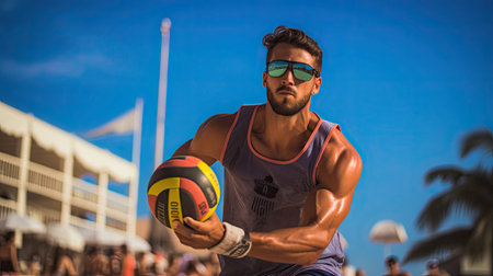 Player anticipates serve focused and alert pictures that sandy court calming and inviting beach volleyball atmosphereの素材