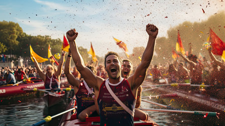 Rowers celebrate victory colorful jerseys triumphant sceneの素材
