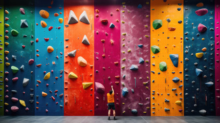 A climber ascends an artificial wall in a bustling climbing gymの素材