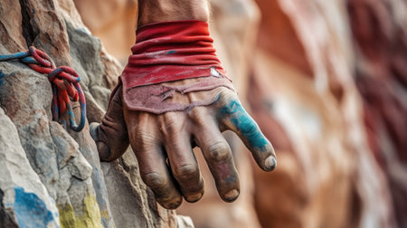 A climber's hands grip a craggy rock with vibrant chalkの素材