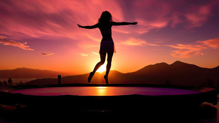 A performer twists gracefully in a tranquil trampoline park at duskの素材