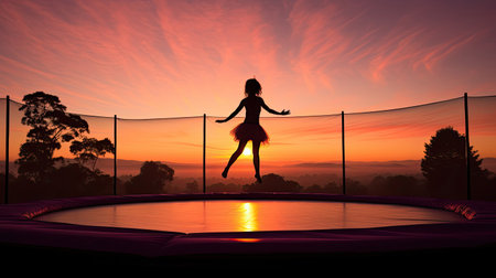 A performer practices in an outdoor trampoline park at dawnの素材