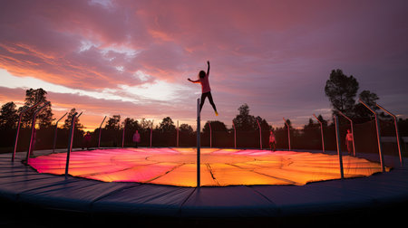 Tranquil twist at an outdoor trampoline parkの素材