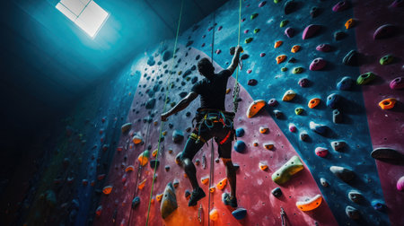 Climber executing precise movements on technical route at indoor gym engaging contrastの素材
