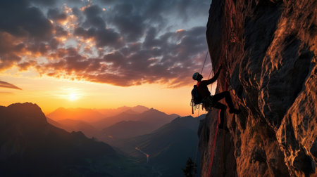 Climber's solo ascent at sunset in tranquil area graceful and fluid movementsの素材