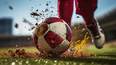 Macro shot of football being kicked with powerの素材