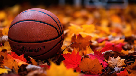 Basketball on autumn leaves with dynamic fluttering backdropの素材