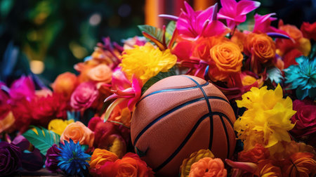 Basketball on vibrant flowers with sharp texture and colorsの素材
