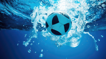 Dynamic water polo ball mid-air vibrant splashes vivid textureの素材
