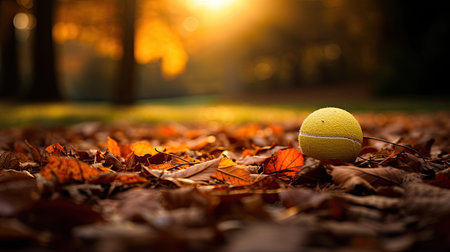 Tennis ball on colorful autumn leaves sunlightの素材