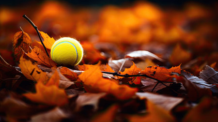 Tennis ball on autumn leaves dynamicの素材