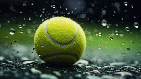 Tennis ball on rain-soaked court reflectionsの素材