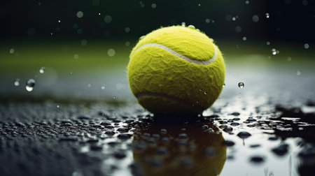 Tennis ball on rainy court visible reflectionsの素材