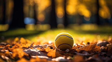 Tennis ball on autumn leaves golden sunlightの素材