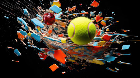 Abstract tennis ball shatters into vibrant fragmentsの素材