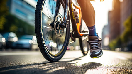 Close-up of cyclist's feet in colorful pedals on urban roadの素材