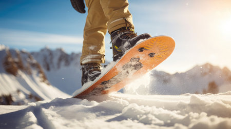 Snowboarder's feet strapped on board snow trailの素材