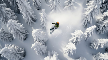 Snowboarder riding through snowy forest vibrant gearの素材