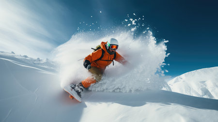 Snowboarder descending steep slope vibrant gearの素材