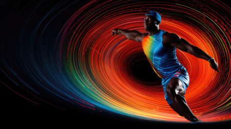 Colorful discus thrower poised for actionの素材