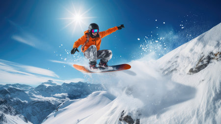 Snowboarder launching off jump bright gearの素材