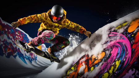 Snowboarder rail slide on graffiti rail sunny slopeの素材