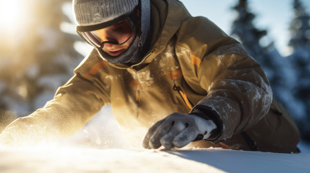Snowboarder gripping board sunlit snow trailの素材