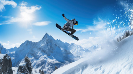 Snowboarder mid-air grab trick snow-covered mountainsの素材