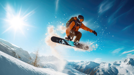 Snowboarder launching off jump bright gearの素材