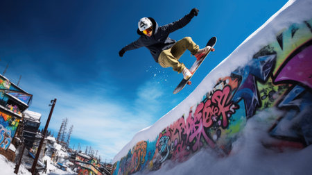Snowboarder rail slide graffiti rail sunny slopeの素材