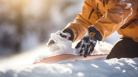 Snowboarder gripping board sunlit snow trailの素材