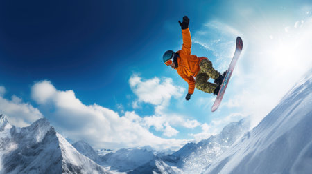 Snowboarder mid-air stylish trick blue skyの素材
