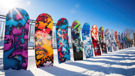 Snowboarder rail slide graffiti rail sunny slopeの素材