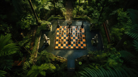 Chessboard amid lush greeneryの素材
