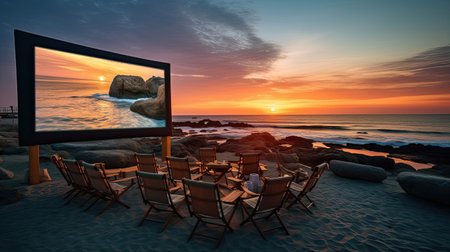 Beachfront cinema at sunsetの素材