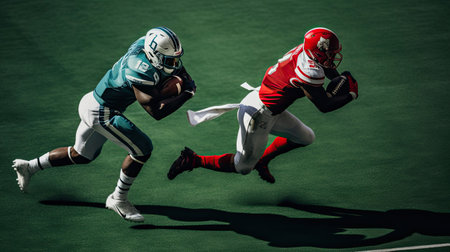 Running back evades tackles with speed and agility.の素材