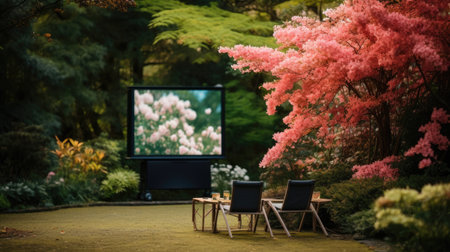 Garden cinema with vibrant flowersの素材