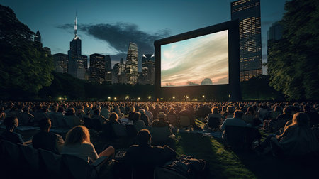 Urban outdoor cinema with city lights.の素材