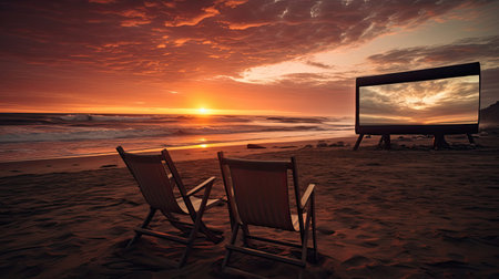 Cinema on the beach with setting sunの素材