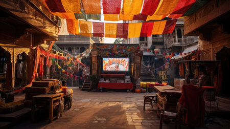 Bazaar cinema with colorful stallsの素材