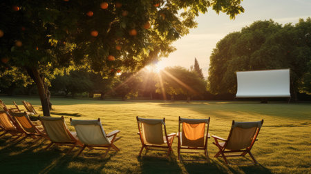 Serene orchard cinema with fruit treesの素材