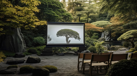 Serene zen garden cinema with koi pondsの素材