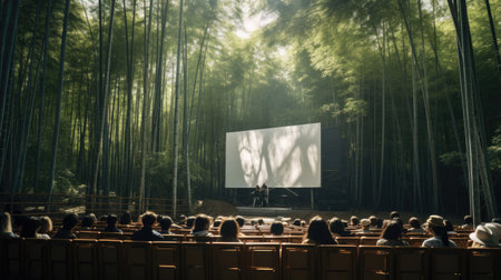 Outdoor cinema in serene bamboo forestの素材