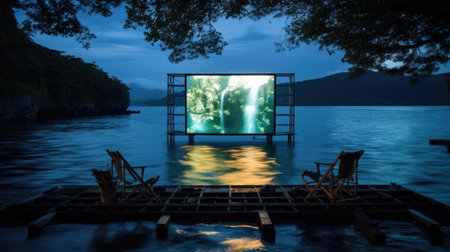 Cinema on floating platform in bioluminescent bay ethereal atmosphereの素材