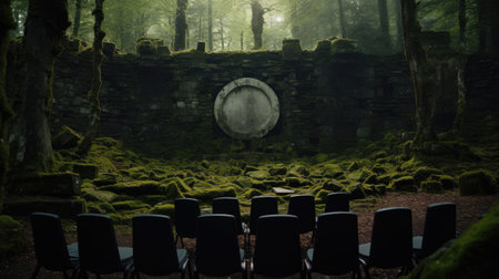 Outdoor cinema in ancient moss-covered stone circle amidst a dense mysterious forestの素材