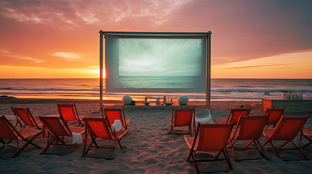 Cinema on a white-sand beach with waves and a colorful sunset. Breathtaking beachfront beauty and cinematic experienceの素材