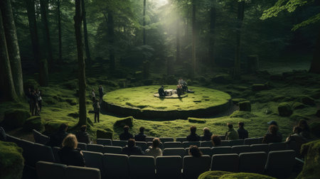Cinema in ancient moss-covered stone circle surrounded by mysterious forestの素材