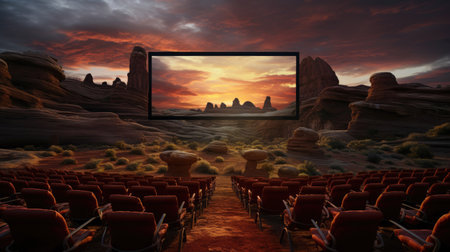 Outdoor cinema in surreal otherworldly landscape with vivid alien-like colorsの素材
