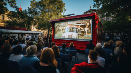 Outdoor cinema on colorful trolley car cinematic journey in a bustling cityの素材