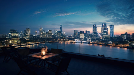 Rooftop cinema on skyscraper sleek glass architecture breathtaking city skylineの素材